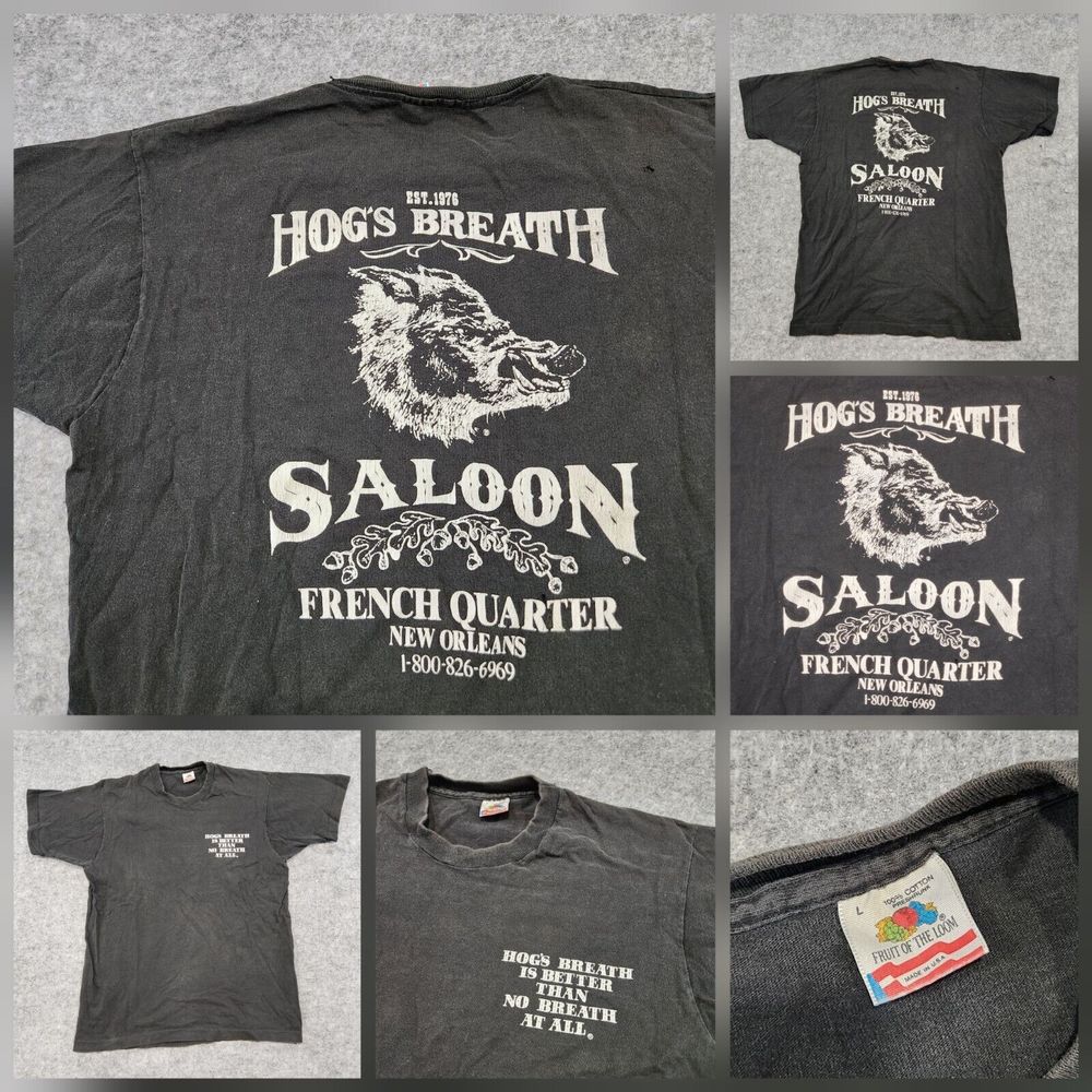 VTG Hogs Breath Saloon Men L Large Black Single Stitch Spell Out 90s USA T Shirt